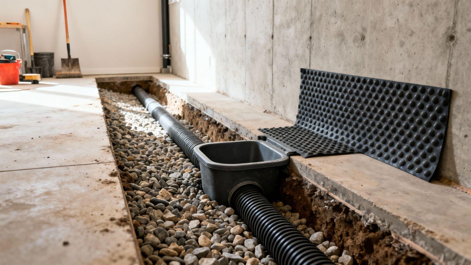 Interior drain tile installation in a basement
